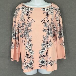 Talbots Top‎ Womens Sz XL Pink Floral Print 3/4 Sleeve Boat Neck Cotton Casual